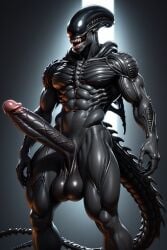 ai_generated black_body erection huge_balls huge_cock long_penis male muscular muscular_male xenomorph