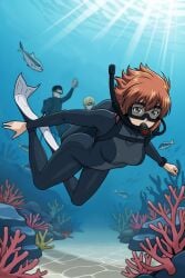 1girls 2boys brown_hair coral diving female fish googles grand_blue kotegawa_chisa male sea short_hair underwater water