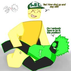 albertsstuff black_body blocky_body blue_lotus dialogue english_text flamingo_(youtuber) green_eyes green_hair hat jayingee mischievous mischievous_smile no_pants no_sex roblox roblox_avatar roblox_youtuber robloxian scars scars_on_chest seductive seductive_pose suggestive suggestive_pose text trans_man unsure yellow_body youtube youtuber