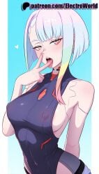 1girls 2025 ai_generated areola areola_slip areolae artist_name blue_eyes blunt_bangs breasts breasts breasts bust chest covered_nipples cyberpunk:_edgerunners cyberpunk_2077 electroworld female heart hi_res high_quality high_resolution highres licking_finger lucyna_kushinada patreon patreon_username solo stable_diffusion tongue tongue_out watermark
