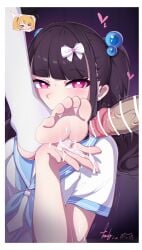 >_< 2girls absurdres after_footjob bad_id bad_pixiv_id bar_censor barefoot black_hair blush bow censored cum cum_on_body cum_on_feet cum_on_fingers cum_on_hands cum_string feet female foot_focus greek_toe hair_bobbles hair_ornament hairbow highres long_hair male multiple_girls no_shoes original pantyhose penis pink_eyes presenting school_uniform serafuku short_sleeves soles stirrup_legwear toeless_legwear toes twintails white_pantyhose yao_(pixiv9482697)