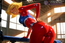 ai_generated ass bent_over blonde_hair blue_eyes blue_sports_bra blurry blurry_background bodysuit breasts cartoon_network clover_(totally_spies) dark-skinned_female dark_skin exercise female from_behind grin gym hand_on_own_hip indoors leaning_forward looking_at_viewer looking_back medium_breasts meitabuu red_bodysuit shiny_clothes short_hair skin_tight smile solo sports_bra sunlight sweat totally_spies