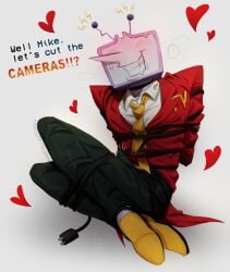 antennae blush blush bondage bulge bulge_through_clothing bulge_under_clothes clothed clothing crt deltarune deltarune_chapter_3 grinning heart plug_tail static tenna_(deltarune) tied_up tv_face tv_head