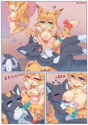 absurd_res anthro black_body black_eyes blonde_hair breasts canid canine canis cygames domestic_dog duo felid female female/female green_eyes hair hi_res humanoid lalamedli mammal mia_(world_flipper) milk nipple_fetish nipple_play nipple_suck nipples pantherine pink_nipples shy sucking tiger world_flipper yellow_body