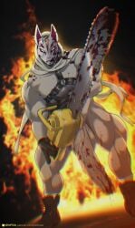 1boy blood blood_on_penis blood_splatter blurry_background boots chainsaw drift_(fortnite) fire foreskin fortnite fortnite:_battle_royale glowing_eyes helloween hyper hyper_penis latex male male_only mask masked masked_male muscular muscular_male nipples penis piercing socks solo spooky uncircumcised vikifox_(artist)