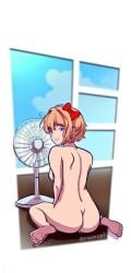 ass best_girl blue_eyes breasts coral_pink_hair doki_doki_literature_club fan feet nude projektxi01 sayori_(doki_doki_literature_club) window
