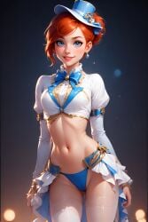 ai_generated bare_midriff ben_10 blue_eyes blue_panties crop_top gwen_tennyson hat panties red_hair showgirl_skirt updo