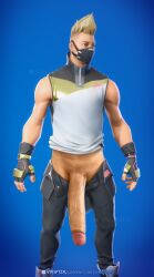 1boy balls blue_background drift_(fortnite) edited edited_screencap female fortnite fortnite:_battle_royale gloves hair male masked_male open_pants penis pubes pussy screenshot_edit shaved_pussy shoes sleeveless solo sweatpants vikifox_(artist)