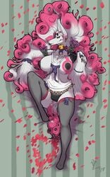 2018 anthro bed bell big_breasts breasts clothing collar female flower fur hair lavasi legwear looking_at_viewer mammal morgan_(lavasi) nipples plant pussy simple_background smile solo thick_thighs