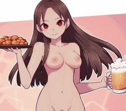 beer_mug breasts brown_hair chicken_(food) closed_mouth commentary_request commission completely_nude cup female female_pubic_hair food fried_chicken holding holding_cup holding_tray lamb-oic029 long_hair looking_at_viewer medium_breasts mug navel nipples nude original paid_reward_available pubic_hair red_eyes shiny_skin skeb_commission smile solo tray
