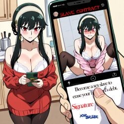 1girls advertisement ai_generated black_hair blackmail blush breasts_out contract curvaceous_figure embarrassed female forced home indoors kitchen large_breasts legs_spread looking_at_viewer no_panties obedience phone phone_screen pumpkin1075 sex_slave spy_x_family thighhighs voluptuous white_bra yor_briar yor_forger