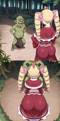 1boy 1girls 2koma ai_generated ass ass_focus back_view beatrice_(re:zero) before_and_after big_ass big_butt blonde_female blonde_hair blonde_hair_female bubble_ass bubble_butt bulge bulge_through_clothing clothed clothed_female clothing female forest from_behind goblin goblin_male goblin_on_human green_skin hand_on_head head_grab hentai4life_ huge_ass huge_butt implied_fellatio implied_oral implied_penetration implied_sex instant_loss instant_loss_2koma kunaboto_(style) light-skinned_female light_skin male outdoors pale-skinned_female pale_skin re:zero_kara_hajimeru_isekai_seikatsu round_ass round_butt shortstack size_difference stable_diffusion standing taller_female twintails ugly_bastard