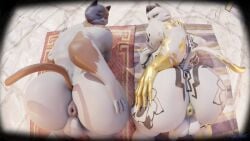 2025 3d_(artwork) :3 absurd_res all_fours anthro anus ass back_tattoo backsack balls big_butt black_hair blind_eye butt_tattoo calico_cat cheek_tuft circumcised closed_eyes digital_media_(artwork) domestic_cat duo english_description epic_games erection eye_scar facial_scar facial_tuft felid feline felis fortnite fur genitals glans hair hand_on_butt hi_res humanoid_genitalia humanoid_penis leg_tattoo looking_back male mammal meowdas meowscles mouth_closed muscular muscular_anthro muscular_male nude_anthro nude_male penis pink_anus pink_glans puffy_anus scar t-bone589 tail tattoo tuft white_body white_fur yellow_anus yellow_eyes