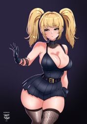 1girls ani_(twitter) blonde_hair breasts dress female female_focus grok_(x) grok_(xai) large_breasts light-skinned_female light_skin looking_at_viewer shimetta_masuta simple_background thick_thighs thighs twintails twitter wide_hips