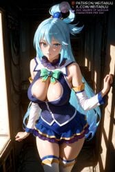 _long_hair ai_generated aqua_(konosuba) areola_slip bare_shoulders blue_eyes blue_hair blue_shirt blue_skirt blush boots bow bowtie breasts brooch cleavage detached_sleeves female gem green_bow green_bowtie hair_between_eyes hair_ornament hair_rings kono_subarashii_sekai_ni_shukufuku_wo! large_breasts long_hair long_sleeves looking_at_viewer meitabuu miniskirt parted_lips shirt single_hair_ring skirt sleeveless sleeveless_shirt smile solo standing thigh_boots thighhighs thighhighs_under_boots thighs white_thighhighs