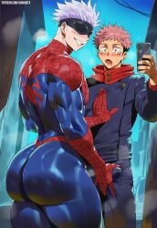 ai_generated ass ass big_ass big_ass_(male) big_butt big_butt_(male) blindfolded blush cosplay erection erection_under_clothes gay haruartx holding_phone itadori_yuuji jujutsu_kaisen male male_focus male_only muscular muscular_male penis_grab phone satoru_gojo smile spider-man_(cosplay) submissive submissive_male yaoi