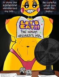 bib big_breasts blush breasts doodlenutz69 female female_focus female_only five_nights_at_freddy's glowing_eyes imminent_oral looking_at_viewer looking_down nipples office sharp_teeth smile solo toy_chica_(fnaf) yellow_skin