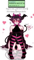1boy ask_an_incubus ask_blog boy bulge bulge_through_clothing clothed clothing demon demon_boy demon_horns demon_humanoid demon_tail demon_wings fangs femboy femboy_focus femboy_only femboysub feminine_male incubus interactive male male_focus male_only mantislord nervous nervous_smile nyxxi short_hair stockings stripes sweat sweater sweating text text_box text_bubble thick_thighs thighhighs