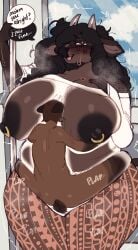 absurd_res anthro big_breasts big_nipples bovid bovine breasts brown_body brown_fur brown_hair canid canine carpallove cattle clothing curly_hair dahlia_(sn0wlewds) dialogue duo female flare_pants fur hair hi_res horn hug huge_breasts huge_nipples inside_clothing male male/female mammal mature_female natural_breasts nipple_piercing nipples noah_(sn0wlewds) nude piercing public public_sex raccoon_dog sagging_breasts sex sex_under_clothing stealth_sex tail tanuki x-ray_view