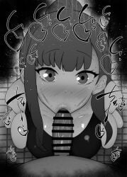 1boy 1girls :>= bare_shoulders big_breasts big_penis black_and_white blush breasts censored detailed_background drooling enen_no_shouboutai eyelashes fellatio female heart human indoor inside kneeling kurotama long_hair looking_at_viewer maki_oze male male_pov oral oral_sex penis ponytail pov room saliva shiny shiny_skin sketch sound_effects squatting sweat text tied_hair vein veins veiny veiny_penis