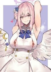 absurdres armpit_hair armpits arms_up blue_archive blue_bow blue_bowtie bow bowtie dress feathered_wings hair_bun halo highres kyoryuu_no_himitsu mika_(blue_archive) nipple_cutout nipples pink_hair pink_halo presenting_armpit single_hair_bun smell smelly_armpits smile steaming_body white_dress wings yellow_eyes
