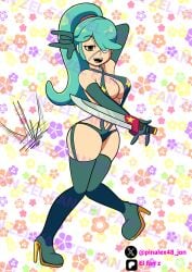 aged_up anime anime_girl anime_style annie_(skullgirls) background big_ass big_breasts bikini boots_only buff green_clothing green_hair happy heels horse_tail large_ass large_thighs patch playboy_bunny sexy sexy_pose skullgirls stocks sword tight_clothing yellow_eyes