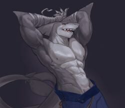 abs absurd_res anthro blue_bottomwear blue_clothing bottomwear clothed clothing edvardiko fin fish genitals grey_body head_fin hi_res looking_at_viewer male male_anthro marine muscular muscular_anthro muscular_male notched_fin open_mouth orange_eyes pecs penis penis_base portrait shark simple_background solo standing three-quarter_portrait topless vein veiny_penis white_body