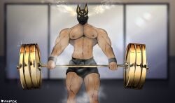 1boy bulge deadlift fortnite fortnite:_battle_royale glowing_eyes gym gym_shorts hair male male_only mask masked masked_male muscular muscular_male nipples piercing solo sweat vikifox_(artist)