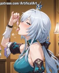 1girls ai_generated artifical_art blue_eyes blue_hair blush breasts cerydra_(honkai:_star_rail) condom crown cum cum_in_mouth drinking_cum female honkai:_star_rail honkai_(series) hoyoverse large_breasts licking licking_cum light-skinned_female light_skin long_hair mihoyo open_mouth perfect_body solo tongue_out used_condom watermark
