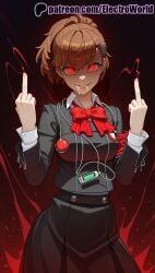 1girls 2025 ai_generated artist_name bow cable digital_media_player earbuds earphones electroworld english_text female glowing glowing_eyes hair_ornament heart_of_string hi_res high_quality high_resolution highres kotone_shiomi patreon patreon_username persona persona_3 pointing red_bow red_eyes smile solo stable_diffusion string string_of_fate watermark wire