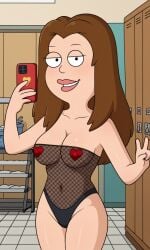 ai_generated american_dad ass bigmic145 breasts brown_hair female fishnets leotard lisa_silver long_hairsee-through nipple_pasties pasties see-through_clothes see-through_clothing selfie solo solo_female tease teasing