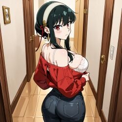 ai_generated black_hair breasts curvaceous_figure female hand_on_thigh home indoors large_ass large_breasts looking_at_viewer looking_back_at_viewer pulling_clothing pumpkin1075 solo_female spy_x_family voluptuous white_bra yor_briar yor_forger