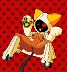 1girls arc_system_works blazblue breasts cat_ears catgirl dark-skinned_female dark_skin feline female hoodie kaka_(blazblue) mask masked masked_female nipples pussy red_eyes sharp_teeth tail tansau taokaka tongue tongue_out