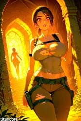 (titancore) adventure ai_generated big_breasts brown_hair curvy_figure female gear girl lara_croft overgrown person_in_background ponytails temple thick_thighs tomb_raider torn_clothes video_game_character
