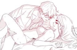 1boy 1girls alien_stage blush collared_shirt female glasses hand_on_another's_leg hyuna_(alien_stage) leg_lift line_art long_hair lubya luka_(alien_stage) lying male on_back open_shirt panties short_hair smile straight