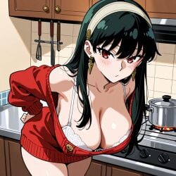 ai_generated black_hair blackmail blush curvaceous_figure embarrassed female hand_on_hip home indoors kitchen large_breasts looking_away no_pants pumpkin1075 questioning_look solo_female spy_x_family voluptuous white_bra white_panties yor_briar yor_forger