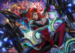 alexander_dinh armpits arms_up blue_light bodysuit bound breasts circlet female futuristic gloves glowing green_eyes gun_goddess_miss_fortune large_breasts league_of_legends long_hair miss_fortune red_bodysuit red_hair red_lips red_lipstick restrained science_fiction skin_tight space spread_legs steel_valkyries_series tentacle