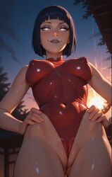 ai_generated bangs big_breasts cameltoe dark_hair dojo hyuuga_hinata lipstick naruto naruto_gaiden pool pussy red_swimsuit short_hair sleeveless smirk swimsuit violet_eyeshadow violet_lipstick wedgie white_eyes