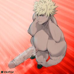 bakugou_katsuki big_pecs blonde_hair gay katsuki_bakugou male moobs musk my_hero_academia naked nude pecs penis sneakers sneakers_only vikifox_(artist)