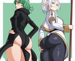 2girls ass ass_focus back backboob backview big_ass bikini black_dress black_leggings breasts bubble_ass bubble_butt clarkekitsp crossover dress female female_only frieren green_eyes green_hair hand_on_ass hands_on_hips holding_staff holding_weapon huge_ass leggings looking_back one-punch_man pointy_ears short_hair small_breasts smug smug_face sousou_no_frieren staff tatsumaki thighs twintails white_dress white_hair