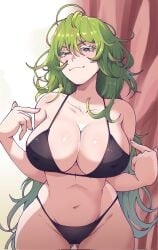 1female 1girls bikini bikini_bottom bikini_top black_bikini black_eyes boku_no_hero_academia breasts bright_pupils cameltoe covered_nipples green_hair high_quality high_resolution highleg highres large_breast looking_at_viewer messy_hair my_hero_academia navel smile solo solo_female swimsuit tidal_(tidaltides) tooru_hagakure tooru_hagakure_(visible)