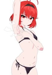 absurdres arm_up armpits bikini black_bikini black_hairband chelsea_cola_v closed_mouth cowboy_shot dungeon_and_fighter female female_mage_(dungeon_and_fighter) hair_between_eyes hairband highres looking_at_viewer navel red_eyes red_hair short_hair side-tie_bikini_bottom simple_background solo spread_armpit stomach summoner_(dungeon_and_fighter) sweat swimsuit white_background
