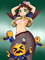 breasts_out clothed_female erect_nipples hands_over_head mega_man mega_man_legends rockman rockman_dash servbot straight stripped thekaimaster07 tron_bonne