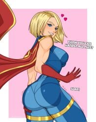 1girls blonde_hair blue_eyes busty cape dat_ass dc dc_comics english_text heart injustice_2 kara_zor-el kryptonian light-skinned_female light_skin looking_over_shoulder round_ass slapping_own_ass supergirl supergirl_(injustice) superheroine thick_thighs tight_clothing zankasen
