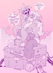 ahoge anthro biped box cable cammypuppy clothed clothed_anthro clothing cloud container duo ear_piercing ear_ring emanata english_text female futanari hair handjob haplorhine heart_symbol hi_res intersex mammal monkey nude penile penis piercing pink_background primate ring_piercing sex shut_up simple_background text yelling