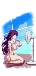 ass breasts doki_doki_literature_club fan lifting_shirt purple_hair sweat thighs yuri_(doki_doki_literature_club)