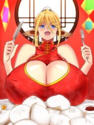big_breasts boob_window centorea_shianus chinese_clothes food monster_musume_no_iru_nichijou