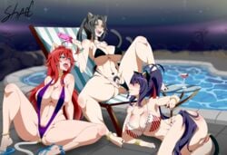 2_tails 3girls ahoge akeno_himejima alcohol anal_beads anklet belly_piercing big_ass big_breasts bikini bikini_aside bikini_pull black_hair blue_eyes blush bracelet buttplug buttplug_tail cartoony cat_ears cat_tail choker demon drinking_glass dripping_popsicle earrings feet female female_only frills golden_eyes high_school_dxd humanoid ice_cream kuroka_(high_school_dxd) leaking_pussy leg_lift legs licking_lips lipstick long_hair lounge_chair martini moonshades_(artist) multiple_girls multiple_tails one-piece_swimsuit open_mouth painted_nails ponytail pool pubic_hair purple_eyes purple_hair pussy red_hair rias_gremory ribbon saliva smile spread_legs tail thick_thighs thighs toes tongue_out wet_pussy wet_spot