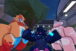 3d dagoda_(kaiju_paradise) darklatex25 foursome furry gay genitals gootraxian highres kaiju_(kaiju_paradise) kaiju_paradise looking_pleasured male pawjob penis pseudo_shork_(kaiju_paradise) raytraxian roblox roblox_game roblox_studio self_upload shark stroking_penis tagme