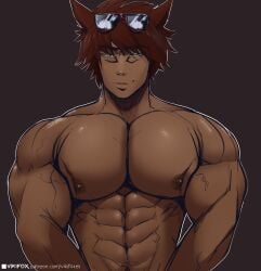 1boy final_fantasy final_fantasy_xiv hair male male_only miqo'te muscular muscular_male nipples solo sunglasses tan_skin veins vikifox_(artist)
